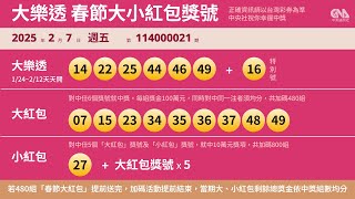 114年大樂透、春節大紅包開獎號碼（2/7）｜中央社