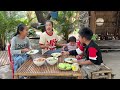 cute sister help brother cooking mother and children cooking