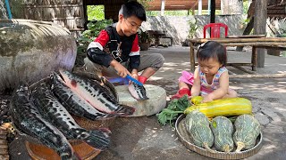 Cute sister help brother cooking - Mother and children cooking