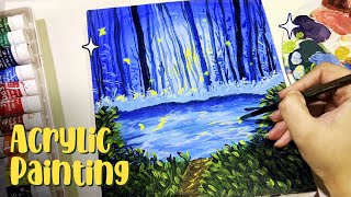 Magical Forest Night💙🧚‍♀️ | Acrylic Painting on Canvas🌿 #art #acrylicpainting #landscape #canvasart