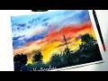 Sunset Sky and Clouds in Watercolor Painting
