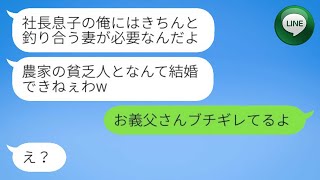 【LINE】社長の息子である彼氏は、私の実家が農家であることを知り、一方的に婚約を破棄しました。「貧乏人とは結婚できない」という最低の理由で私を見下す彼に対し、義父が一言放ちました。