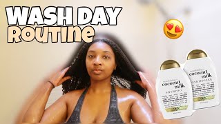 WASH DAY ROUTINE | OGX NOURISHING + COCONUT MILK SHAMPOO AND CONDITIONER| LOW POROSITY HAIR |