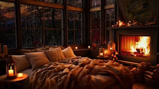 Rain on Window with Warm Fireplace in Cozy Cabin Bedroom Ambience | Rain sounds to Sleep, Relax