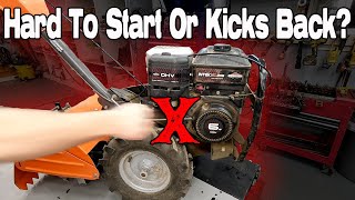 Briggs & Stratton Engine Hard To Start & Kicks Back Full Diagnosis & Easy Fix! Pull Start Jerks Back