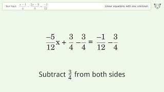 Linear equation with one unknown: Solve (x-1)/4-(2x-3)/3=(-1)/12 step-by-step solution