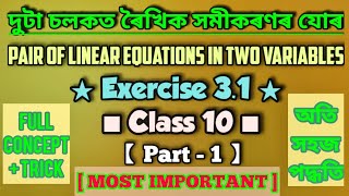 দুটা চলকত ৰৈখিক সমীকৰণৰ যোৰ | Class 10 | Ex 3.1 | maths | Chapter 3 | SEBA/CBSE/NCERT | Part-1