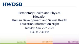 2023 Elementary Health & Physical Education, Human Development & Sexual Health Education Info Night
