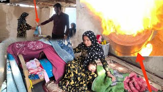 Setting fire to Fatima's stove and preparing food for her children