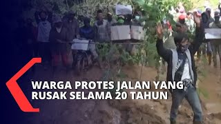 Kesal! Protes Jalan yang Rusak Selama 20 Tahun, Warga Tanam Pohon di Jalan