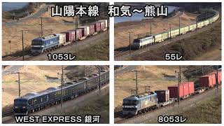 山陽本線を行く貨物列車とWestExpress銀河 (2020年12月15日)