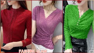 Women's Lace Transparent Hollow Out Tight Fashion Blouse/Long Sleeves Stretchy Lace Slim Office Top