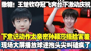 撒糖！王楚钦夺冠飞奔台下激动庆祝！下意识动作太亲密孙颖莎捂脸害羞！现场大屏播放球迷抱头尖叫磕疯了！#孙颖莎王楚钦 #王楚钦 #王楚钦夺冠