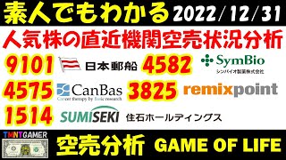 【空売分析】1514 住石ホールディングス！4582 シンバイオ！4575 キャンバス！9101 日本郵船！3825 リミックスポイント！【20221231】