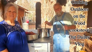 Cooking Southern Greens and Baked Ham Using our Old Outdoor Wood Cookstove/Vlog