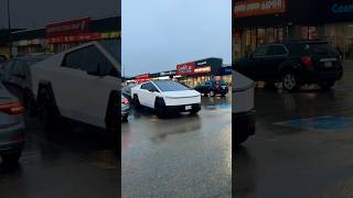 White Tesla Cyber Truck in December  Rain🌧️ #tesla  #rain #shorts