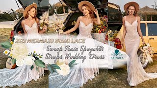 Zapaka Women White and Champagne Spaghetti Straps Mermaid Lace Beach Wedding Dress With Sweep Train