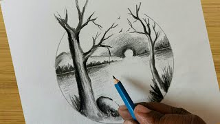 Easy Charcoal pencil nature scenery drawing / sunrise scenery sketch step by step