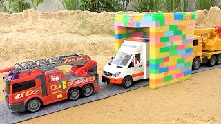 Bibo Play With Toy Fire Truck Excavator Crane Truck Through The Gate - Funny Stories Trucks Toys