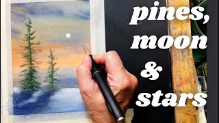 Watercolor Tips: Painting Moonlit Pine Trees in the Snow ✿ Art Vlog #042