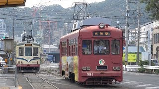 【4K】土佐電気鉄道　元名鉄590形電車　591　桟橋車庫前電停通過