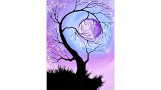 Cherry Tree holding the Moon Step by Step Acrylic Painting for Beginners | TheArtSherpa