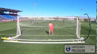 Andrew Tarbell stops a penalty in preseason match vs. Portland