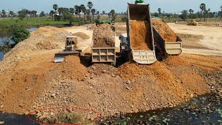 Continue Landfilling Other Side Increasing Land Boundary Dozer Push Stones \u0026 25Ton Trucks Unloading