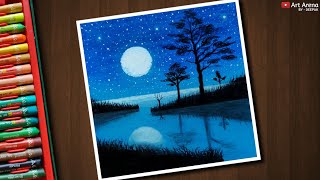 Beautiful Moonlight Landscape Drawing for Beginners with Oil Pastels - step by step