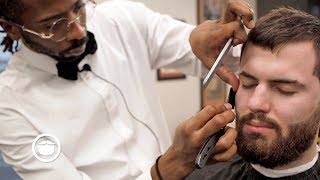 Short Textured Haircut with Shaved Lines and Beard Trim | South Austin Barber Shop