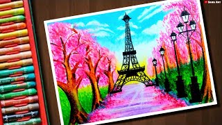 Eiffel tower🗼spring Cherry blossom scenery drawing with oil pastel -Step by step | Nature drawing