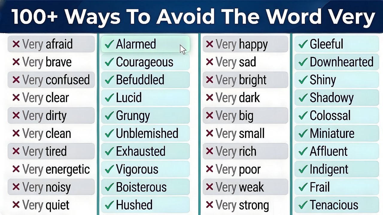 100 Ways To Avoid Using The Word Very English Vocabulary Youtube
