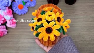 How to make beautifull yellow chrysanthemum in mini basket with pipe cleaner / chenille wire