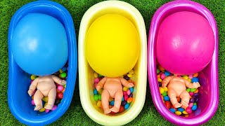 Rainbow Satisfying Video l ASMR Mixing Candy & Skittles in Three Bathtubs Baloons with M&M's Slime