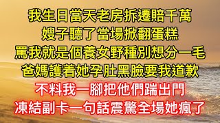 我生日當天老房拆遷賠千萬，嫂子聽了當場掀翻蛋糕，罵我就是個養女野種別想分一毛，爸媽護着她孕肚黑臉要我道歉，不料我一腳把他們踹出門，凍結副卡一句話震驚全場她瘋了