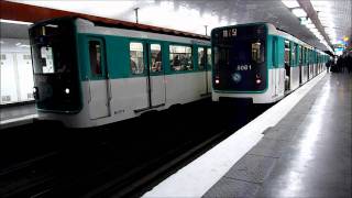 Metro Paris Ein- und Ausfahrt von zwei MP59 im Bahnhof République