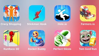 Crazy Shopping, Stickman Hook, Hole.io, Farmers.io, Run Race 3D, Rocket Buddy, Perfect Slices