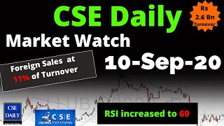 CSE Daily Market Watch 10_Sep_2020 | Foreign Selling at 11% of Turnover | RSI increased to 69