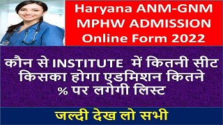 HARYANA ANM GNM MPHW ADMISSION 2022, MPHW ANM GNM COLLEGE SEAT TOTAL, INSTITUTE SEAT ANM GNM MPHW