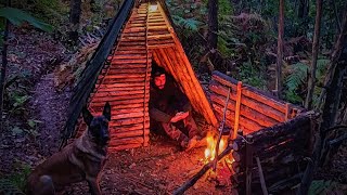 Bushcraft Shelter Camping in a THUNDER STORM - Forest Camp, Survival Skills, DIY, ASMR
