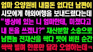 (실화사연) 엄마 요양원비 내줄돈 없다던 남편이 시모 해외여행 보내줚다는데 “니 엄마한테 미쳤다고 내 돈을 쓰겠니?” 재산분할 소송으로 전재산 싹다 뺐자 싹싹 빌며 오열하는데ㅋ