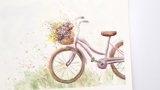 Watercolor easy painting tutorial - bicycle with flowers + FREE sketch