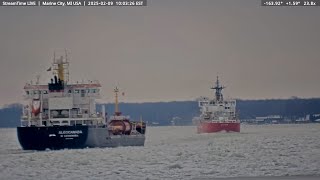 USCGC Mackinaw leading a downbound convoy of ships in Marine City 2-9-25