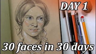 30 FACES in 30 DAYS // Art challenge // Day 1: Charlotte Brontë // Portrait drawing demo