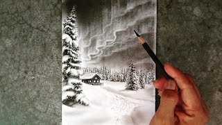 Northern lights winter landscape drawing by pencil with easy steps.