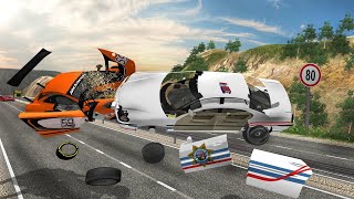 Flatbed Long Trailer Truck Rescue -Cars vs Bollards | Deep Water and Potholes - BeamNG.drive