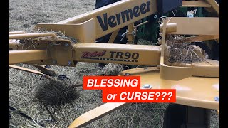 Vermeer TR90 Blessing or Curse at Raking, Tedding Hay for Square Bales, TR-90 = Lely Lotus 300 Combi