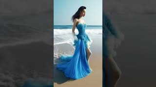 Elegant Beach Stroll in a Stunning Blue Gown #beachfashion #elegance 🌊👗