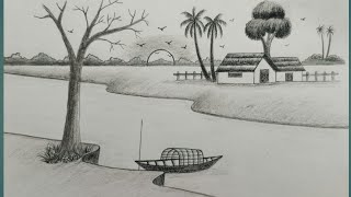 Pencil art in river side with beautiful house.. easy drawing.. #drawing #art