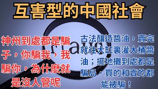 互害型的中國社會，神州到處都是騙子，你騙我，我騙你，為什麽就是沒人管呢？古法釀造醬油，賣完就往大缸裏灌大桶醬油；擺地攤到處都是騙局，買的和賣的都能被騙！